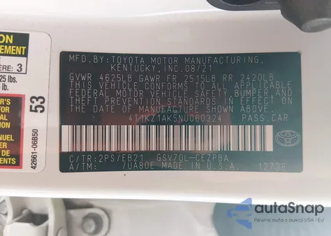 2022 Toyota Camry Trd z USA, uszkodzony, nr VIN 4T1KZ1AK5NU060324